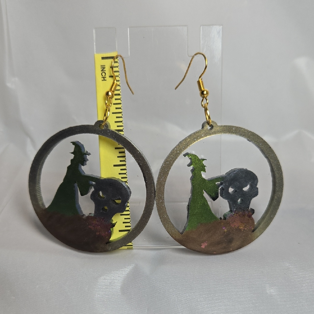 #272- Witch And Cauldron Dangle Earrings - Gold And Black